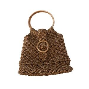 70s Boho Macrame Satchel Purse Jute Hemp Twine Ring Loop Closure Lucite Details